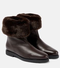 The Off-Duty faux fur-lined leather boots in brown - Toteme | Mytheresa Leather Ankle Boots With Faux Fur Trim, Luxury Brown Shearling Boots, Luxury Boots With Faux Fur Lining, Luxury Leather Boots With Faux Fur Lining, Name Dark, Faux Fur Accessories, Curated Wardrobe, Oversize Pullover, Designer Suits For Men