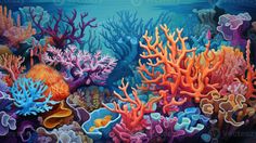 an underwater scene with colorful corals and seaweed on the bottom of the water