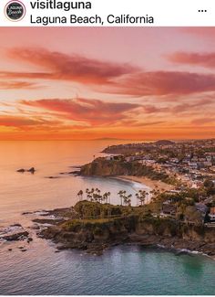 an aerial view of laguna beach, california with the ocean in the foreground at sunset