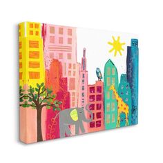 an elephant, giraffe and bird are depicted in this colorful cityscape