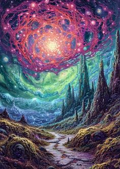 a painting of a river surrounded by trees and stars