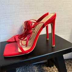 Brand New Never Been Worn. Square Toe Long Straps Size Us 9 Fits Like An 8/8,5 Us Chic Red Heels With Wrapped Heel, Red Heels For Spring Night Out, Red Heels For Spring Date Night, Red Heels For Date Night In Spring, Red High Heel Heels For Date Night, Red High Heels For Date Night, Red Heels, Strap Heels, Shoes Women Heels