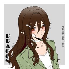 an anime character with long brown hair wearing a green jacket and white t - shirt