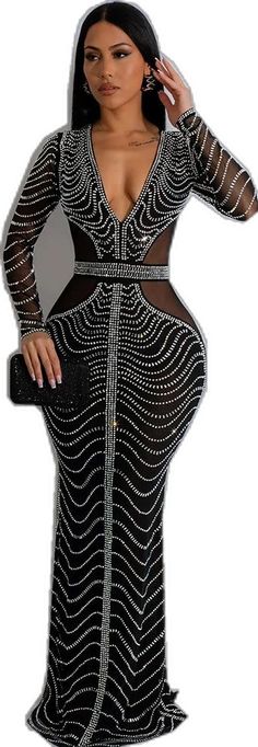 Elegant Rhinestone Dinner Dress, Elegant Dinner Dress With Rhinestones, Glamorous V-neck Dress With Rhinestone Fringe, Elegant Evening Dresses With Rhinestones, V-neck Party Dresses With Rhinestone Fringe, Black Long Sleeve Dresses With Rhinestone Fringe, Black Long Sleeve Dress With Rhinestone Fringe, Black Rhinestone Dresses For Party Season, Black Rhinestone Dress For Formal Occasions