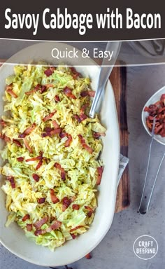 savoy cabbage with bacon in a white bowl and serving spoons next to it