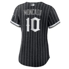 Show off your die-hard Chicago White Sox fandom with this Yoan Moncada City Connect Replica player jersey. It features a sleek pinstripe design and Gothic graphics that perfectly honor the history of your team, while sending a shout out to the Southside. This Nike gear is just what you need to take your Chicago White Sox spirit to the next level! Replica Jersey Imported Officially licensed Heat-sealed jock tag Material: 100% Polyester Full-button front Brand: Nike Rounded hem Machine wash with g Nike Jersey With Team Logo, Black Sporty Jersey For Fans, Sporty Black Jersey For Fans, Black Baseball Jersey Fan Merchandise, Nike Team-colored Crew Neck Jersey, Nike Sporty Crew Neck Jersey, Sporty Nike Crew Neck Jersey, Sporty Crew Neck Nike Jersey, Black Chicago