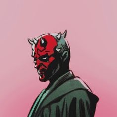 a drawing of a devil with horns on his head and an evil face, standing in front of a pink background