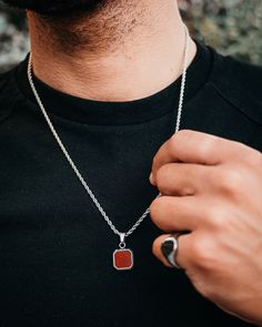 The Red Enamel pendant. Also available in 18K Gold.  DETAILS Pendant size: 1.5cm x 1.5cm  Chain styles: Figaro (3mm), Rope (2.5mm) Materials: Stainless Steel / 18K Gold PVD Plating, Red Enamel Necklace clasp: Lobster Hypoallergenic SIZING This chain is available in lengths: 20", 50.8cm  22", 55.8cm 24" 61cm  Model is wearing 22"  OUR GUARANTEE/ PROMISE We 100% guarantee your necklace will never fade, lose colour or tarnish. Wear in the shower, sea & to sleep. Our jewellery is 100% Nickel free so Red Pendant Chain Jewelry, Red Pendant Necklace With Chain, Red Jewelry With Polished Finish For Gift, Silver Chain Dog Tag Necklace As Gift, Red Polished Pendant Necklaces, Red Pendant Necklace With Polished Finish, Red Sterling Silver Necklace With Silver Chain, Red Sterling Silver Necklace With Adjustable Chain, Red Pendant Jewelry With Polished Finish