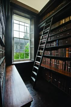 a ladder leaning up against a bookshelf in a room filled with lots of books