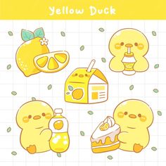 yellow duck stickers are arranged on a tiled surface with lemons and other items