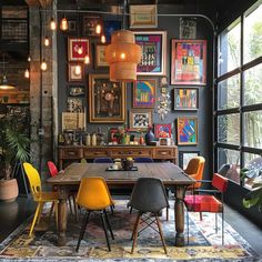 7+ Urban Chic Dining Room Furniture Ideas for City Living • 333+ Inspiring Lifestyle Ideas Chic City Apartment, Urban Design Interior, Dining Room Ideas Eclectic, Mix Match Chairs Dining Room, Restaurant Dining Area Design, Industrial Boho Dining Room, Non Traditional Dining Room Ideas, Industrial Maximalist Decor, Colorful Industrial Interior