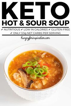 the keto hot and sour soup is in a white bowl