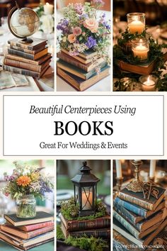 books with candles and flowers on them are featured in the book centerpieces using books