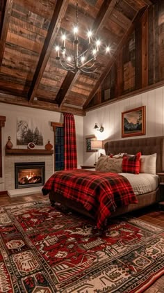 Cozy rustic cabin bedroom with fireplace, plaid bedding, wooden beams, and oriental rug. Warm and inviting decor for a relaxing getaway. Cabin Bedroom With Fireplace, Log Cabin Homes Interior Bedroom, Dark Cabin Bedroom, Romantic Cabin Bedroom, Norwegian Ridgeback, Log Cabin Bedroom Ideas, Cozy Cabin Bedrooms, Cozy Rustic Cabin, Rustic Cabin Bedroom