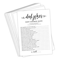 four baby shower game cards with the words'dad jokes'in black and white