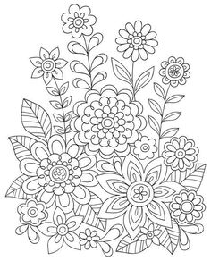 a coloring page with flowers and leaves