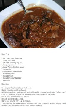 the recipe for beef stew is shown in a white bowl