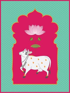 a cow standing next to a pink flower on a green and red background with an ornate border