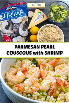 the ingredients for parmesan pearl couscous with shrimp and broccoli