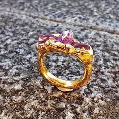 Amethyst ring, made with solid brass and gold filled with 3 micron of 24 k gold. Made using sand cast technique, getting a unique piece. After cast, we set amethyst points.  Al rings are made one by one, and this IS a unique piece. Shipped by DHL express. Gold Amethyst Ring Spiritual Gift, Gold Spiritual Amethyst Ring Gift, Unique Yellow Gold Ruby Ring, Spiritual Gold Amethyst Ring Gift, Gold Amethyst Ring For Promise, Unique Gold Ruby Ring For Gift, Handmade Gold Crystal Heirloom Ring, Unique Amethyst Gold Jewelry, Gold Amethyst Ring With Spiritual Style