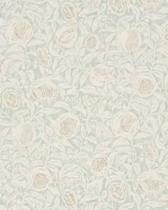 a white and blue wallpaper with flowers on it's side, in an ornate pattern