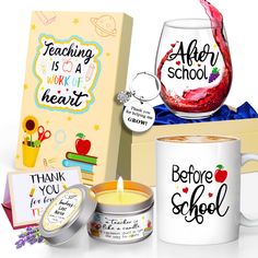 two coffee mugs with teacher appreciation gifts in front of a card and gift box