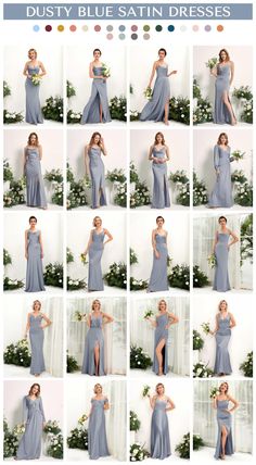 a collage of photos showing the different styles of dresses worn by women in blue