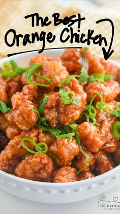 the best orange chicken recipe in a white bowl