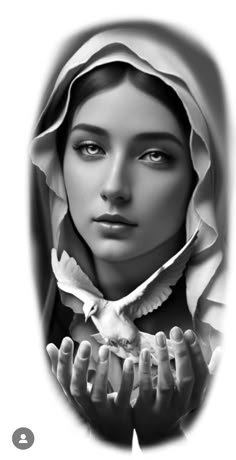 a black and white photo of a woman with her hands on her chest, wearing a nun's headdress