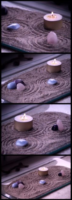 three pictures of rocks and a candle on the ground in front of a glass table