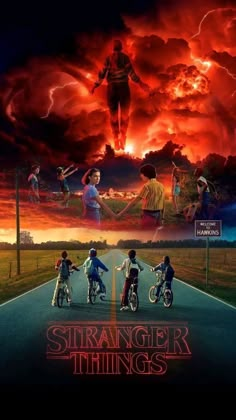 a movie poster for the film strange things with people on bikes and an orange sky in the background