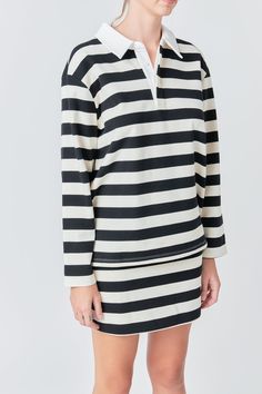 Elevate your everyday look with our Stripe Collar Sweatshirt. Featuring a classic contrast collar and subtle stripe design this top is the perfect combination of style and comfort. The hidden placket with buttons adds a touch of sophistication while the long sleeves keep you warm on cooler days. Whether you're dressing up for a night out or keeping it casual this sweatshirt will quickly become a wardrobe favorite. Shop now and stand out in style. Stripe Contrast Collar Hidden placket with button Knitwear Trends, Collar Sweatshirt, Knit Loungewear, Strapless Bodycon Dress, Denim Sweater, Collared Sweatshirt, Leather Denim, Contrast Collar, Tweed Dress