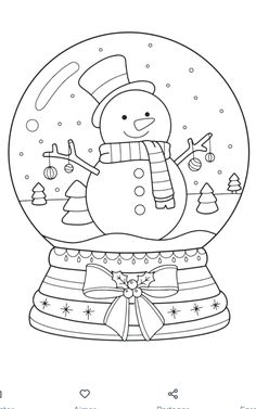 a snow globe with a snowman inside it and christmas decorations around the base, in black and white