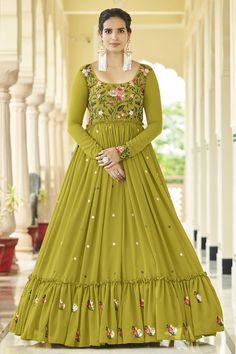 Olive Green Gown, Long Anarkali Gown, Georgette Gown, Shibori Print, Designer Gown, Frock Fashion, Long Frock, Green Gown, Anarkali Gown