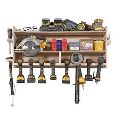 a shelf filled with lots of tools on top of it