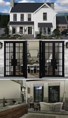 two pictures showing the inside and outside of a house with glass doors on each side