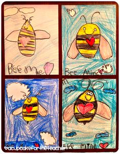 four drawings of bees with hearts and words written on them, one is in the shape of a bee