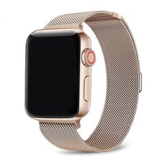 an apple watch with stainless steel mesh band and red button on the front, side view