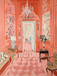 an illustration of a room with pink walls and furniture