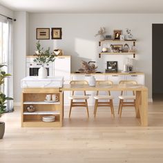 the kitchen is clean and ready to be used for dinner or breakfast time, with no one in it