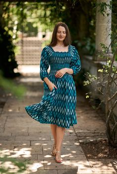 🌺  HEIDI Comfortable, pure cotton ikat dress with elasticated front and back. Size M : Bust 104cm - 40.9"  Length approx. 105cm - 41.3" Materials: Fabric: 100% Cotton 🖐 Care Instructions: Hand wash in 30 Celsius. Do not tumble dry. Custom orders available. You are welcome to contact me with any questions or to select different varieties from my wide range of cotton fabrics. https://www.facebook.com/maniniclothing/ Traditional Fitted Ikat Print Dress, Summer Ikat Print Midi Dress, Traditional V-neck Ikat Print Dresses, Spring Blue Ikat Print Dress, Spring Ikat Print V-neck Dress, Ikat Dress, Knee Length Dresses, White Casual, Ethical Fashion