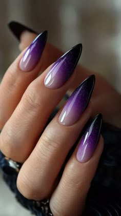 Purple Nails Purple To Black Ombre Nails, Blue To Purple Nails, Black And Purple Stiletto Nails, 2024 Nail Art Trends, Purple And Chrome Nails, Purple Fade Nails, Black Purple Nails, Purple Nails Ideas, Purple Nail Design