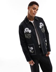 ASOS DESIGN embroidered worker jacket in black | ASOS Mens Embroidered Jacket, Embroidered Lapel Collar Outerwear For Fall, Casual Embroidered Long Sleeve Blazer, Casual Embroidered Blazer With Long Sleeves, Embroidered Long-sleeve Cotton Blazer, Embroidered Long Sleeve Cotton Blazer, Embroidered Cotton Long Sleeve Blazer, Embroidered Cotton Blazer With Long Sleeves, Casual Embroidered Blazer For Fall