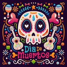 a colorful skull with guitars and flowers on it's head is in the middle of a