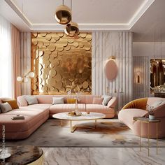 a modern living room with pink couches and gold wallpaper on the walls, along with round coffee tables