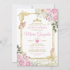 a pink and gold quinceauera wedding card with roses, butterflies and glitter