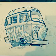 a drawing of an old vw bus with graffiti on it's front end