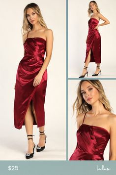 You'll be looking red carpet-ready wherever you go when you've got the Lulus Glamorous Entrance Wine Red Satin One Shoulder Midi Dress! Sleek woven satin shapes this undeniably elegant dress that has a darted bodice (with hidden no-slip strips) topped by a straight neckline and supported by a single adjustable spaghetti strap. Gathered and ruched details continue from the bodice, through the fitted waist, and into a figure-skimming skirt with an overlapping silhouette and a midi hem. Hidden zipp Satin Midi Dress For Prom Season And Night Out, Satin Midi Dress For Prom Season Night Out, Elegant Red Satin Dress For Cocktail, Satin Midi Dress For Evening Prom Season, Red Satin Dress For Date Night, Glamorous Red Satin Dress, Red Satin Dress For Night Out, Burgundy Satin Dress For Prom Season, Red Satin Midi Dress For Party