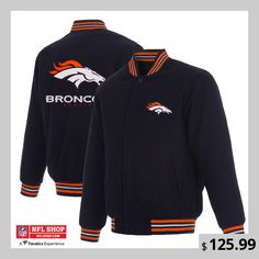 Your collection of Denver Broncos game day gear is intense and you have something to wear in every climate. Add to your cold weather gear with this exclusive Reversible Full-Snap Jacket from JH Design. Built with a bold look, this jacket will keep you warm and let you focus on rooting your Denver Broncos on to a victory. Team Outerwear For Game Day, Casual Outerwear With Team Logo For Sports Events, Sporty Winter Outerwear For Game Day, Team-colored Winter Varsity Jacket For Game Day, Team-colored Outerwear For Game Day With Team Spirit, Team-colored Outerwear For Game Day, Team-colored Track Jacket For College And Winter, Winter Varsity Jacket For Fan Gear With Team Spirit, Team-colored Outerwear For Game Day And Sports Season