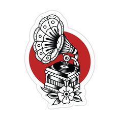 an old fashioned record player sticker on a red and white background with a flower